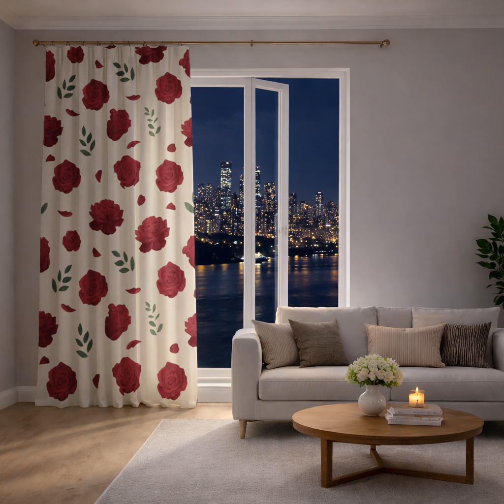 Red Rose and Leaf Romantic Seamless Pattern Drapes