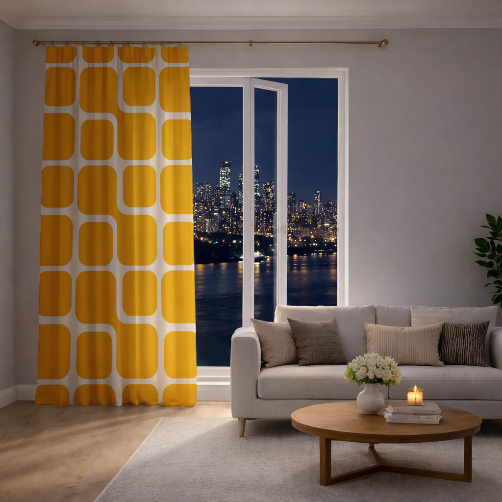 Yellow Geometric Labyrinth and Modern Abstract Pattern Drapes