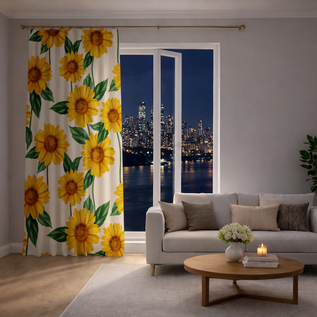 Vibrant Yellow Sunflower and Green Leaf Pattern Illustration Drapes