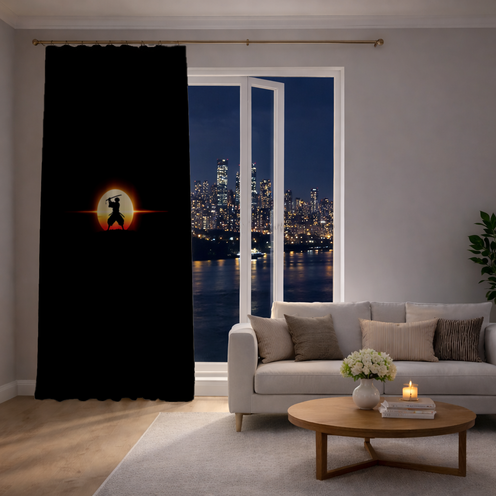 Samurai Silhouette Under the Rising Sun Honor and Strength Drapes