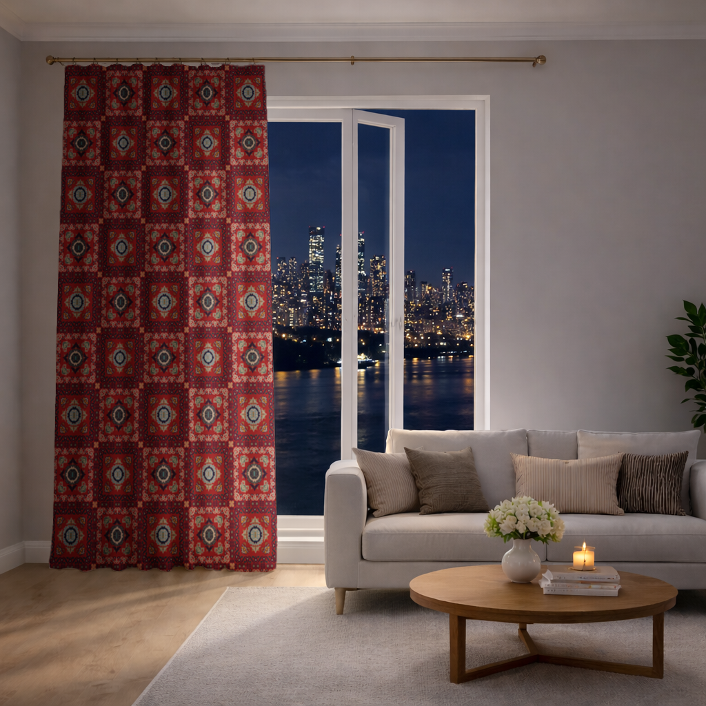 Traditional Kilim Inspired Red Ethnic Geometric Pattern Drapes