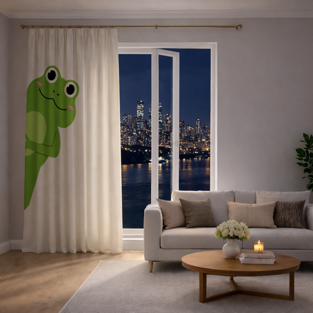 Cute Green Frog Peek-a-Boo Illustration Drapes