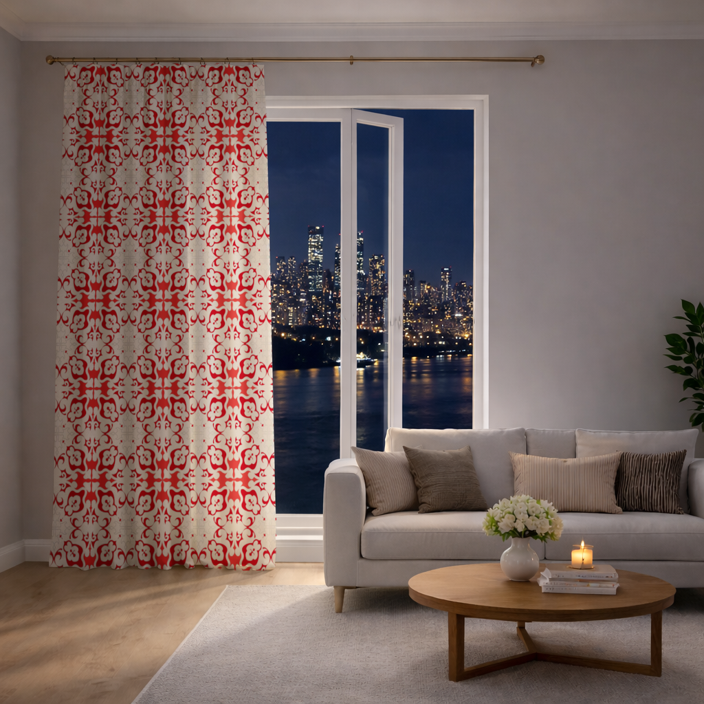 Red and White Traditional Tile Style Pattern Drapes
