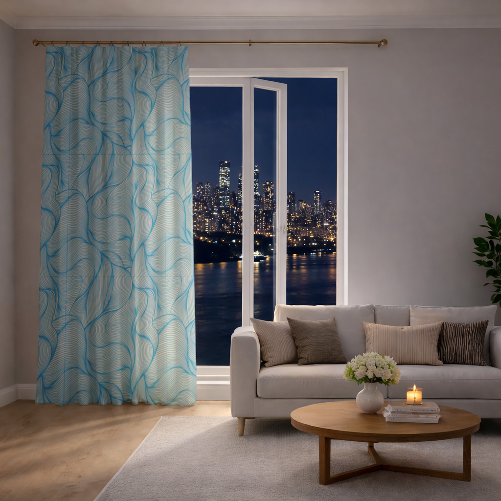 Blue Wavy Linear Abstract Pattern Drapes