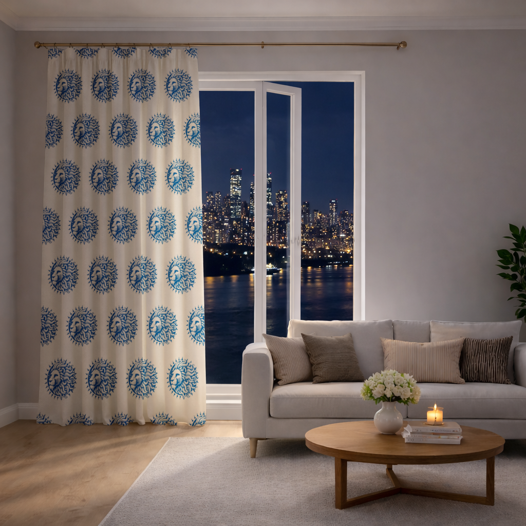 Leo Zodiac Sun and Moon Blue Motif Drapes