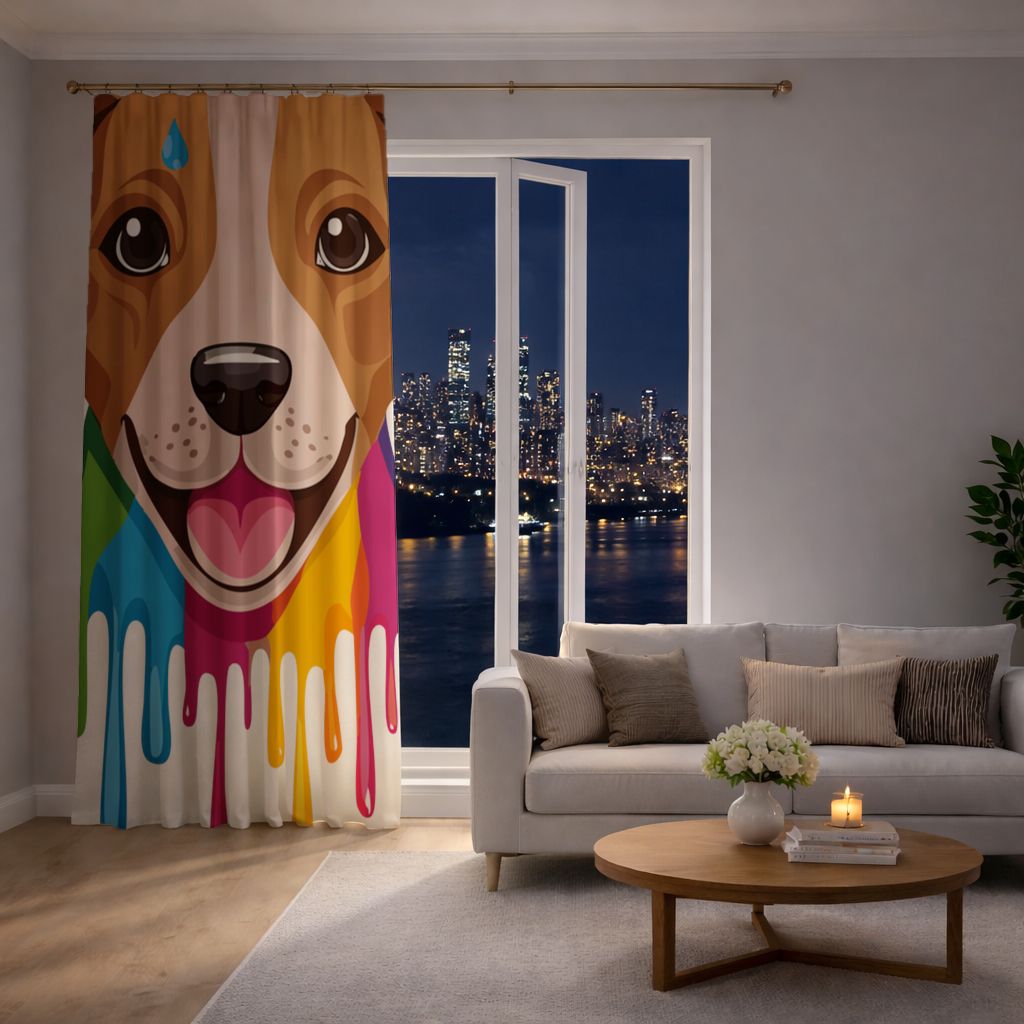 Happy Dog with Colorful Paint Drips Drapes