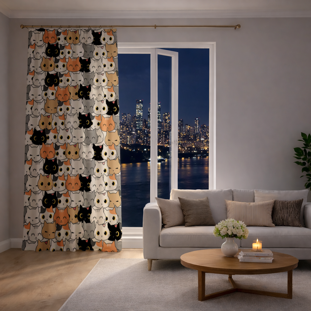 Colorful Cute Cat Faces Seamless Pattern Drapes