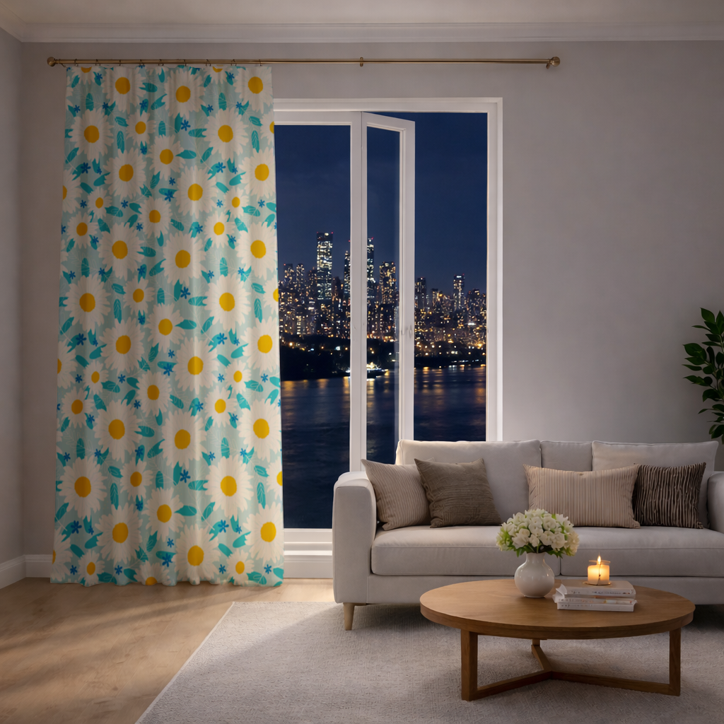 Daisy Garden and Turquoise Leaves Pattern Drapes