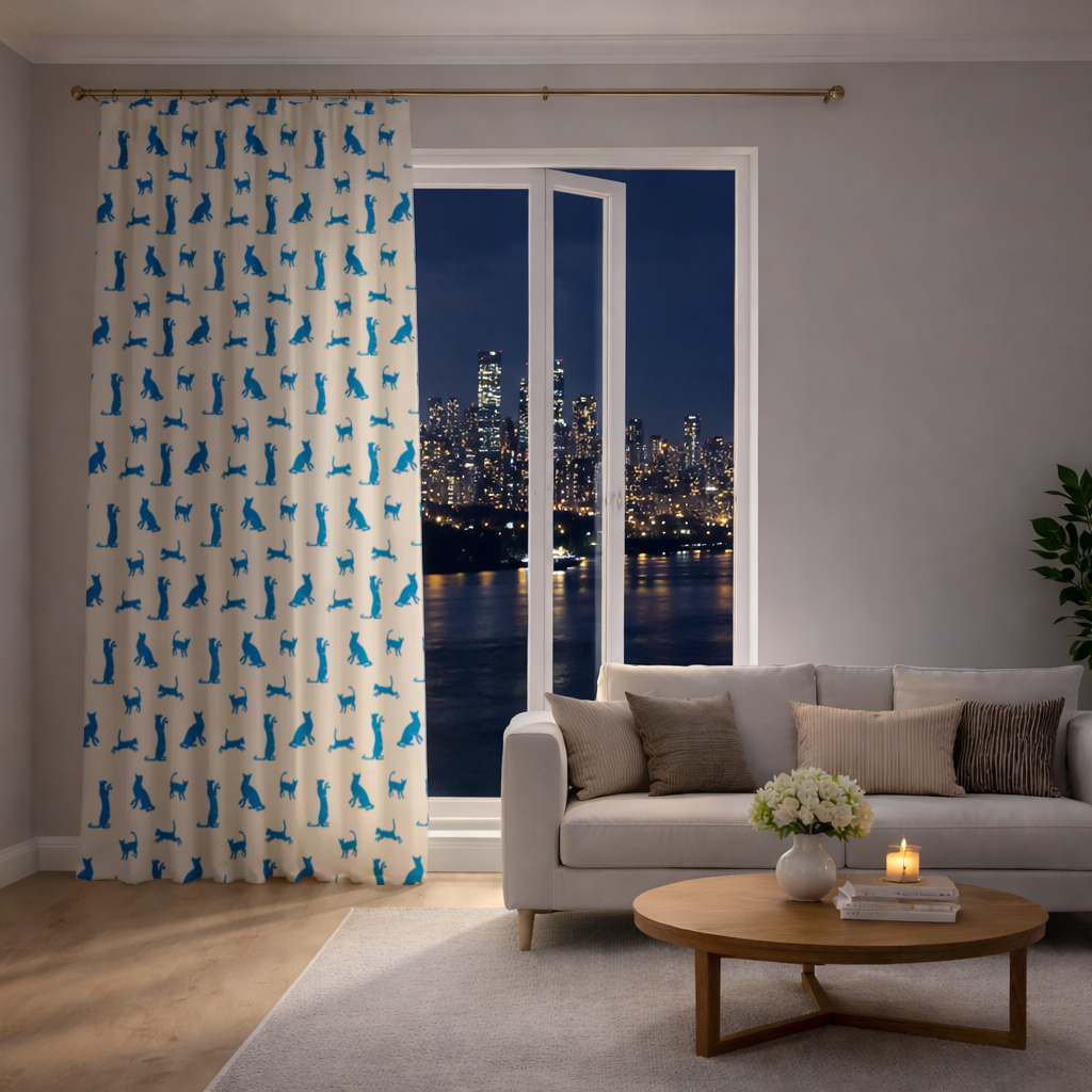 Blue Cat Silhouettes Seamless Pattern Drapes