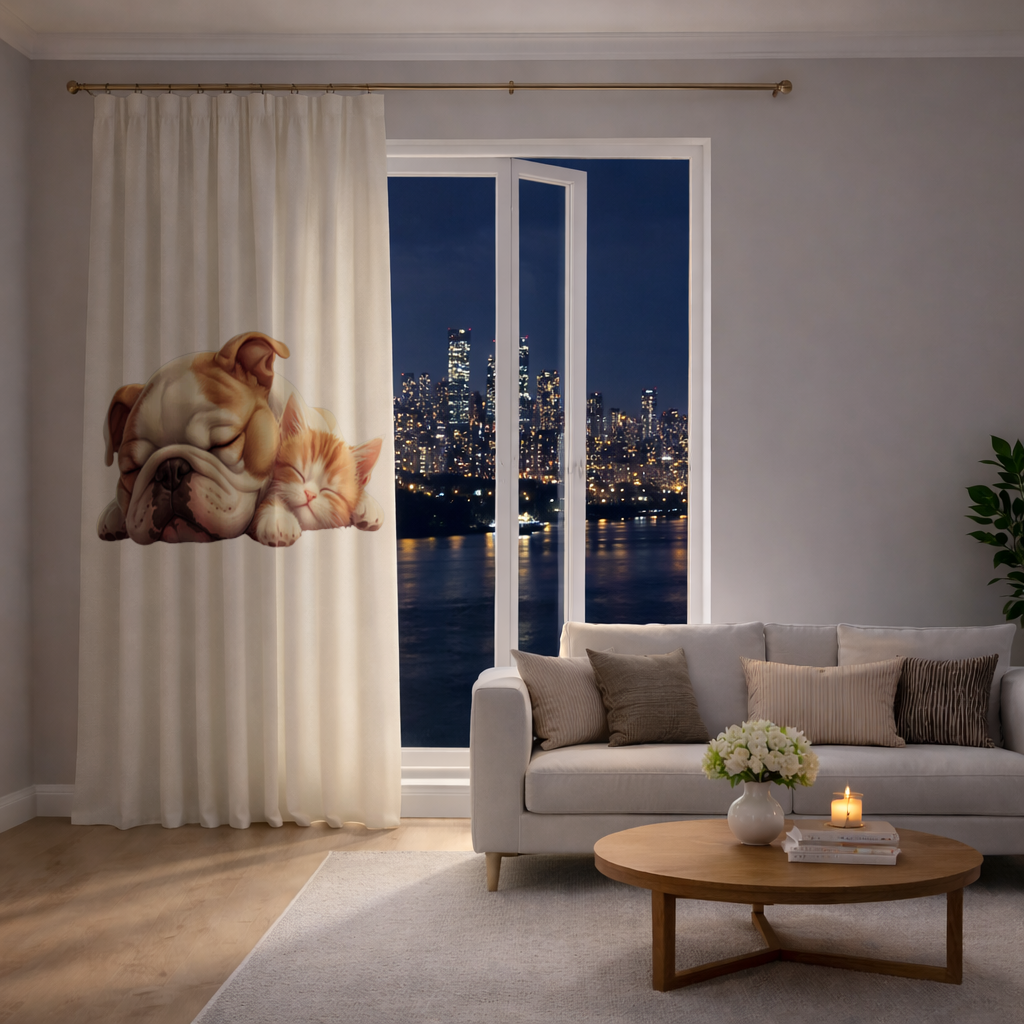 Sleeping Bulldog and Ginger Kitten Drapes