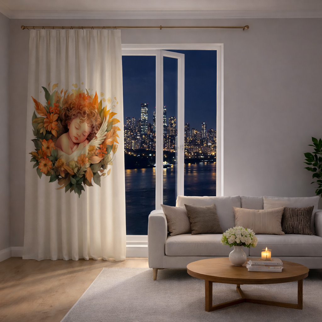 Sleeping Cherub in Cottagecore Flowers Drapes