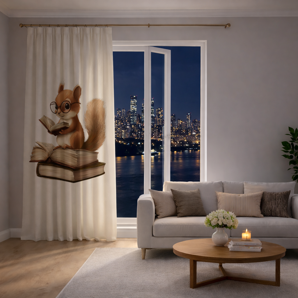Scholarly Squirrel Reading on Book Stack Drapes