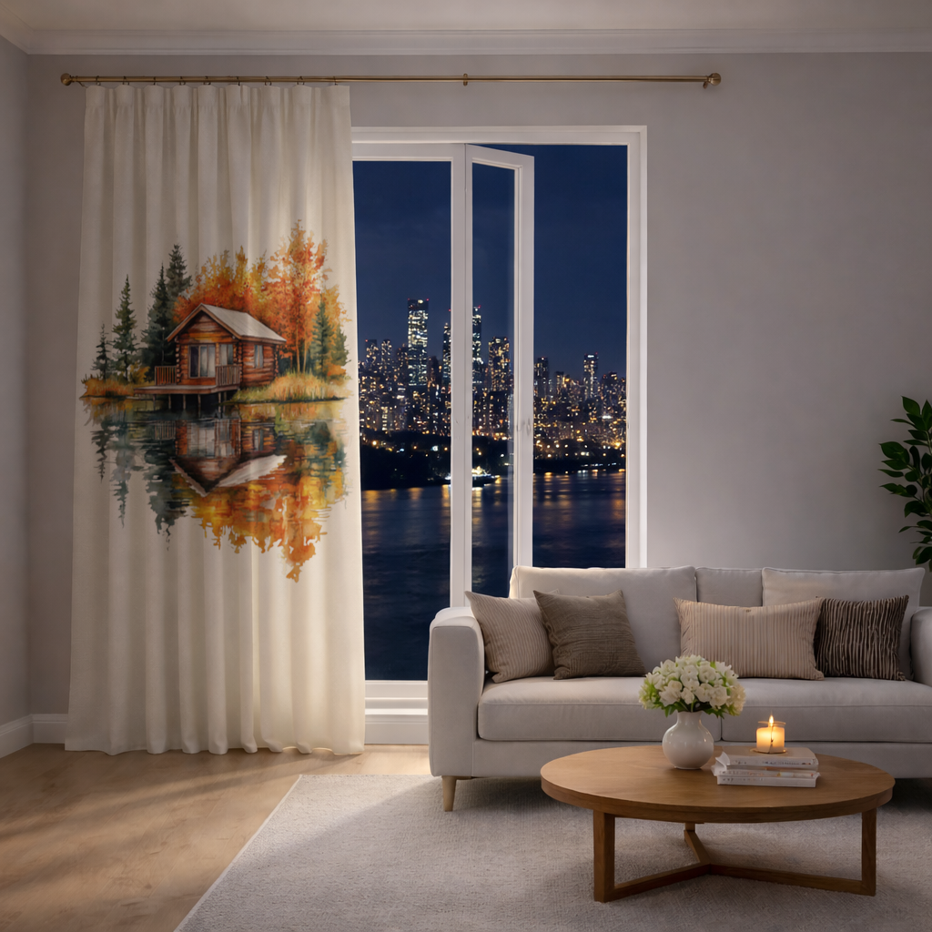 Lakeside Log Cabin Autumn Landscape Drapes
