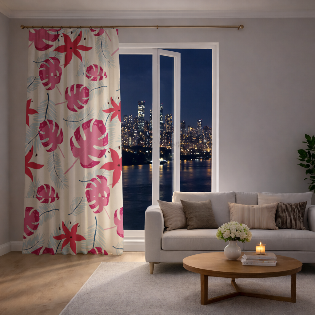 Pembe Monstera ve Tropikal Lilyum Fon Perde