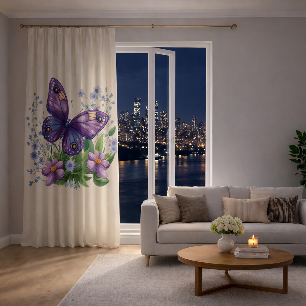 Mor Kelebek ve Mavi Kır Çiçekleri Fon Perde