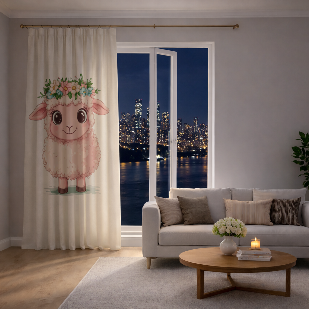 Kawaii Çiçek Taçlı Pembe Kuzu Fon Perde