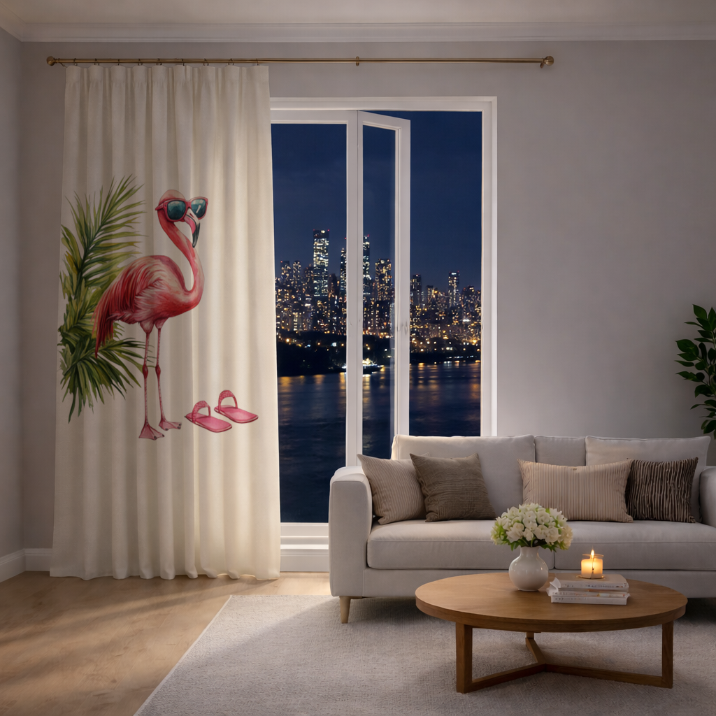 Güneş Gözlüklü Pembe Flamingo Fon Perde