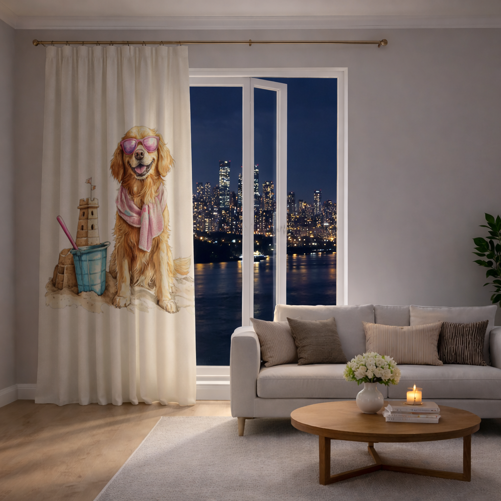 Plajda Pembe Gözlüklü Golden Retriever Fon Perde