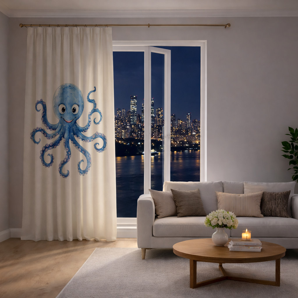 Sevimli Mavi Suluboya Ahtapot Fon Perde