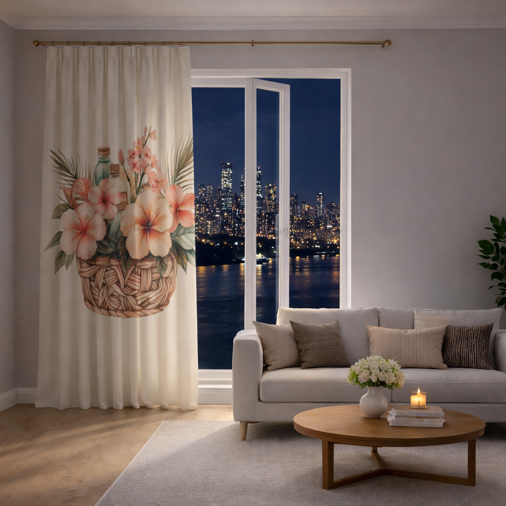 Tropikal Hibiskus Çiçekli Hasır Sepet Fon Perde