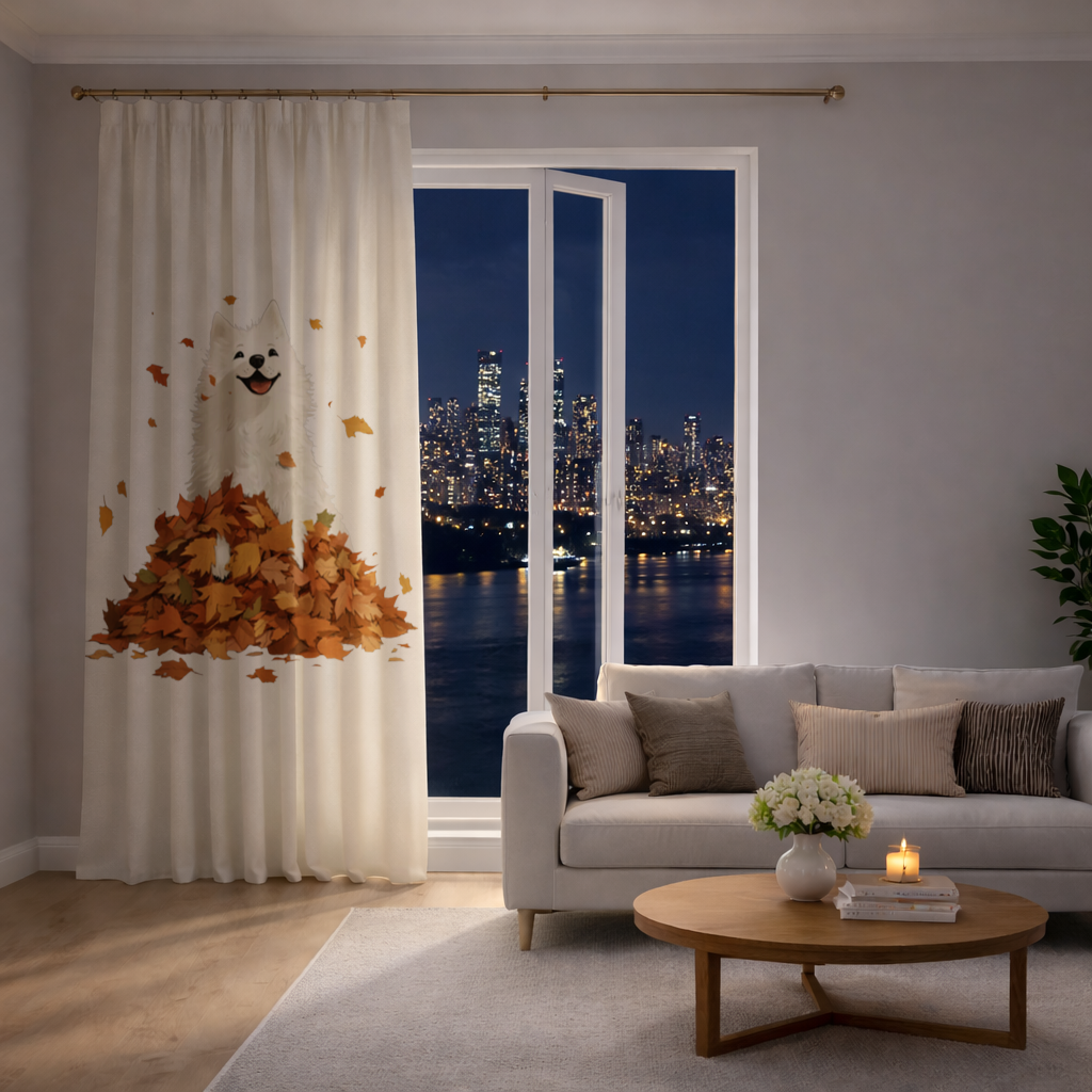 Happy White Dog in Autumn Leaves Drapes