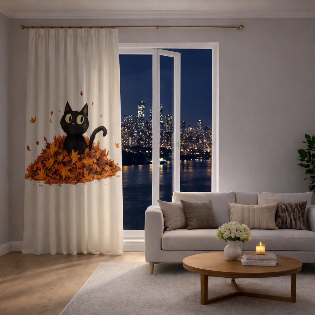 Cute Black Cat in Autumn Leaves 