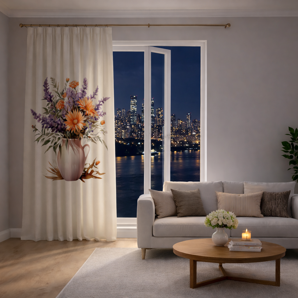 Turuncu Kır Çiçekleri ve Lavanta Fon Perde