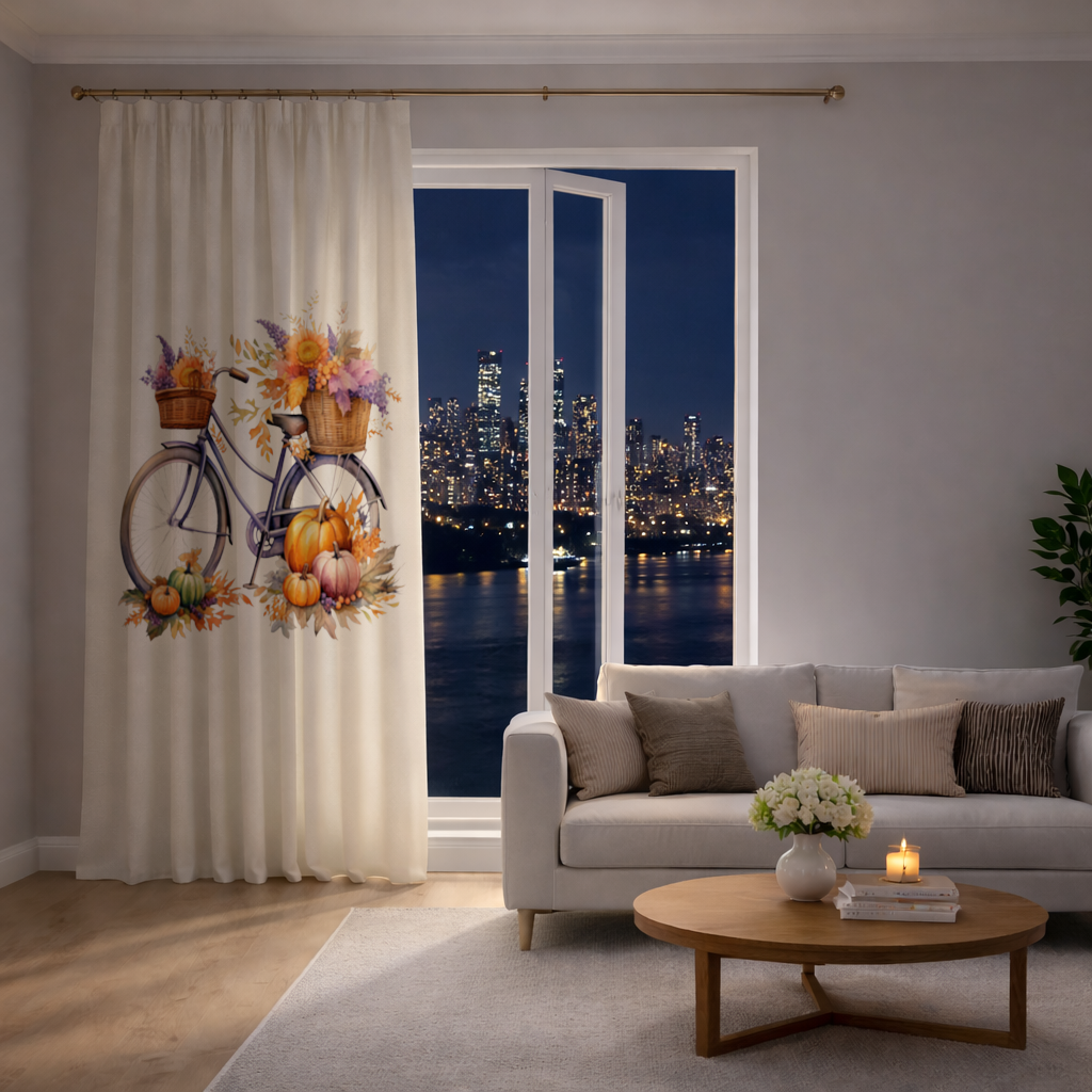 Lavender Autumn Bicycle with Pumpkins Drapes