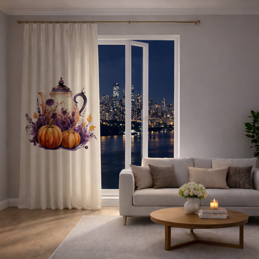 Mor Çiçekli Kabaklı Çaydanlık Fon Perde