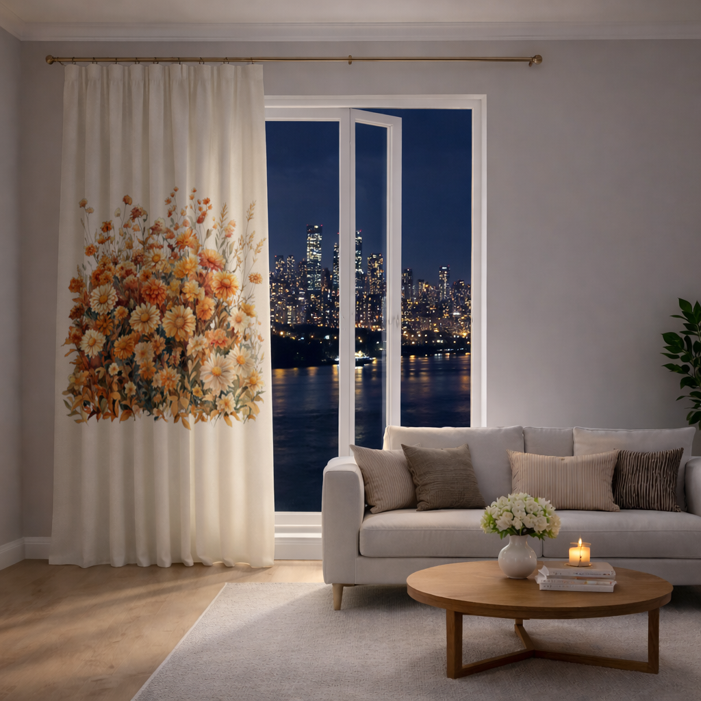 Sulu Boya Turuncu Yabani Çiçekler Fon Perde