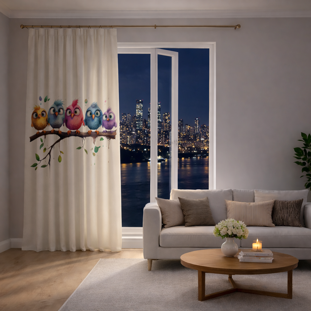 Five Colorful Kawaii Birds on Branch 