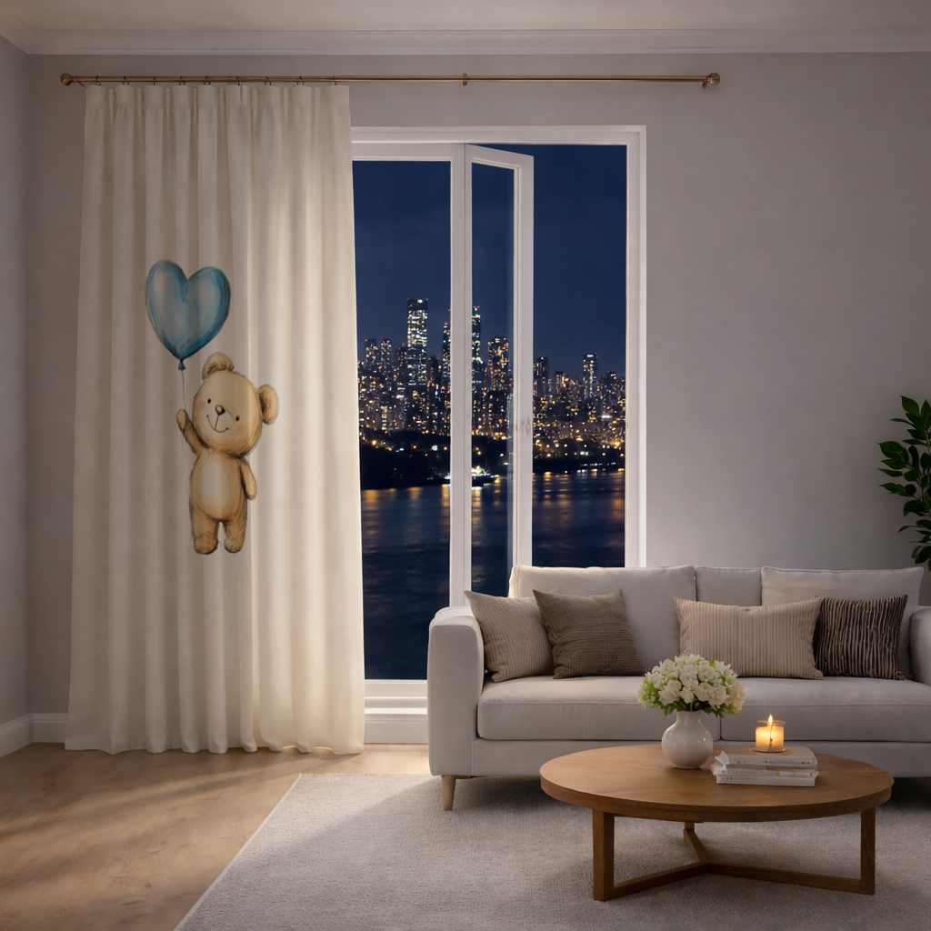 Cute Teddy Bear with Blue Heart Balloon Drapes