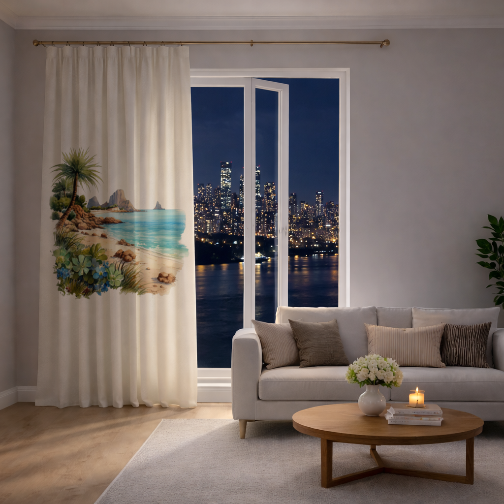 Tropical Palm Tree and Turquoise Sea Drapes