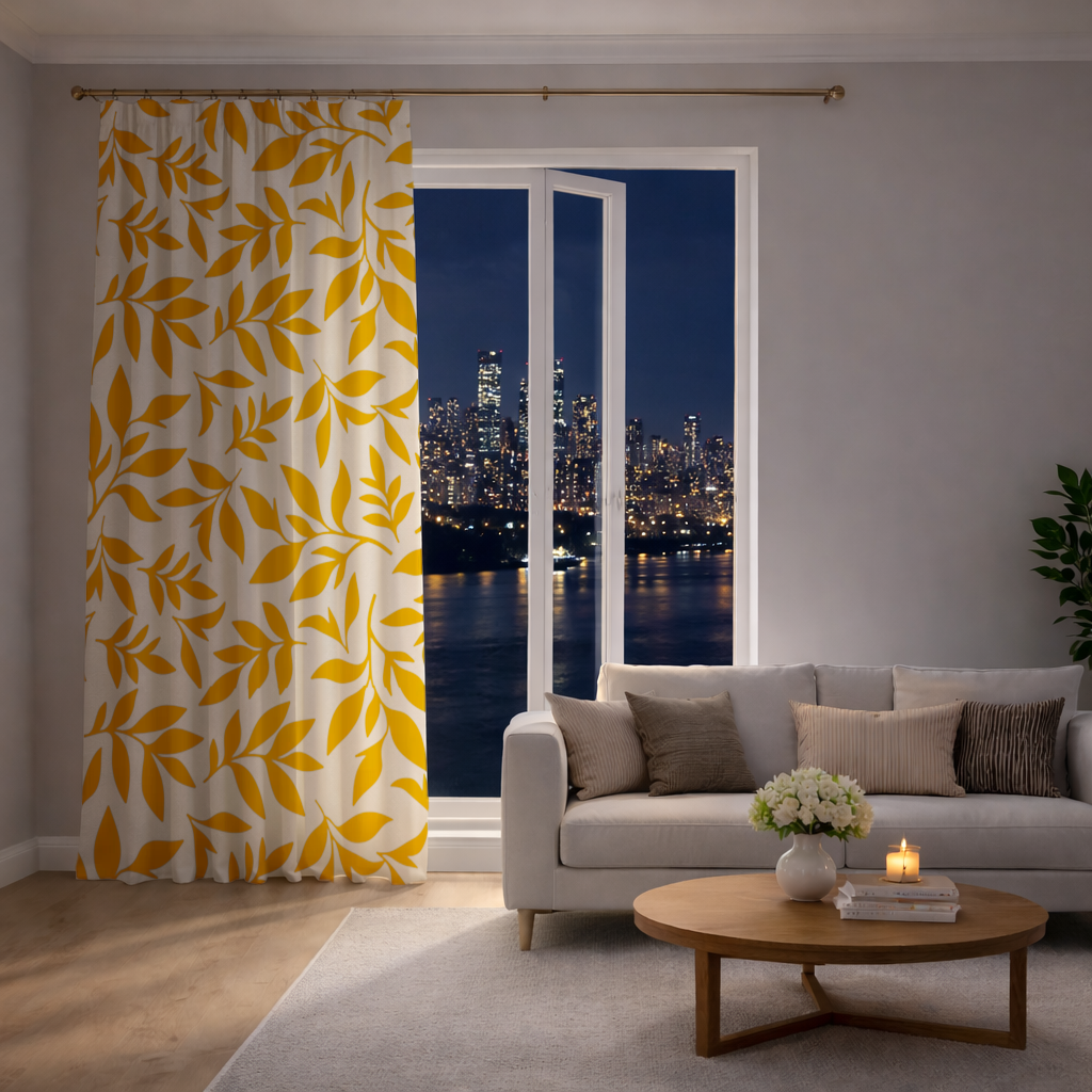 Mustard Yellow Botanical Leaves Drapes