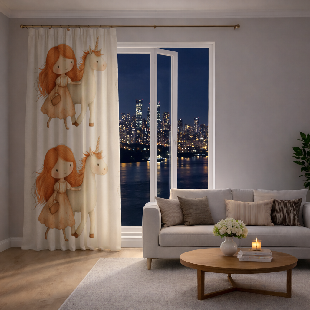 Ginger Girl with Whimsical White Unicorn Drapes