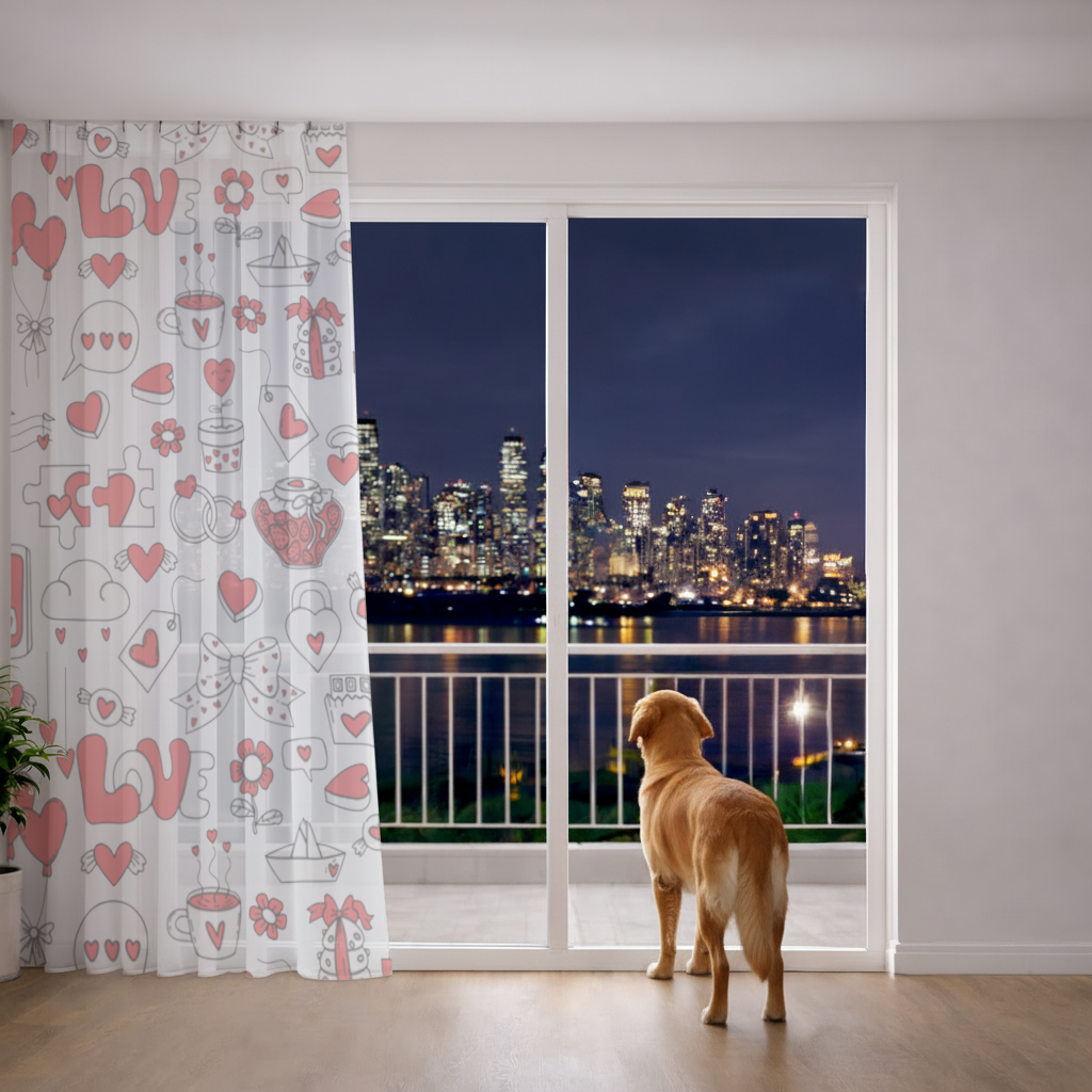 Valentines Day Doodle Love Heart Pattern Cute Design Sheer Curtain