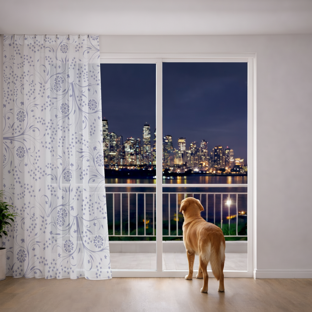 Blue White Vintage Floral Pattern Sheer Curtain