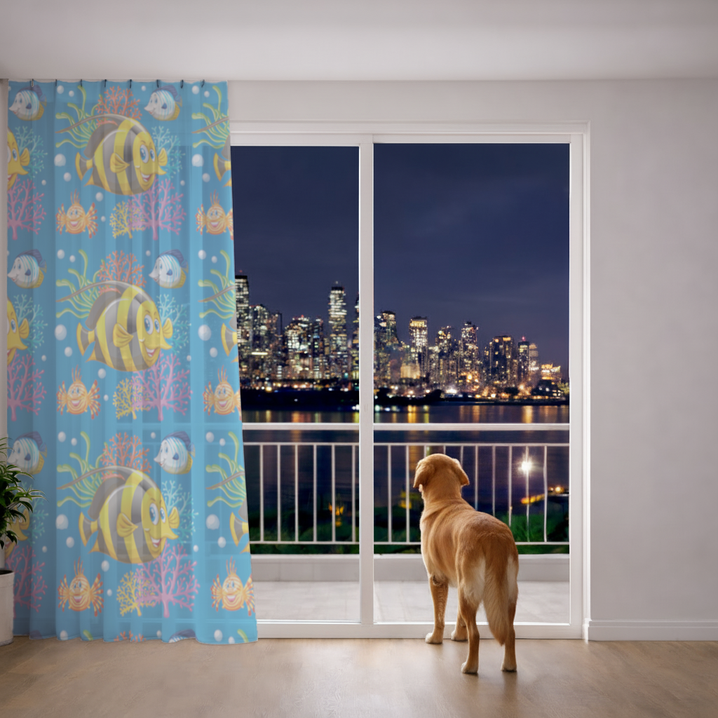 Colorful Tropical Fish and Coral Reef Pattern Sheer Curtain