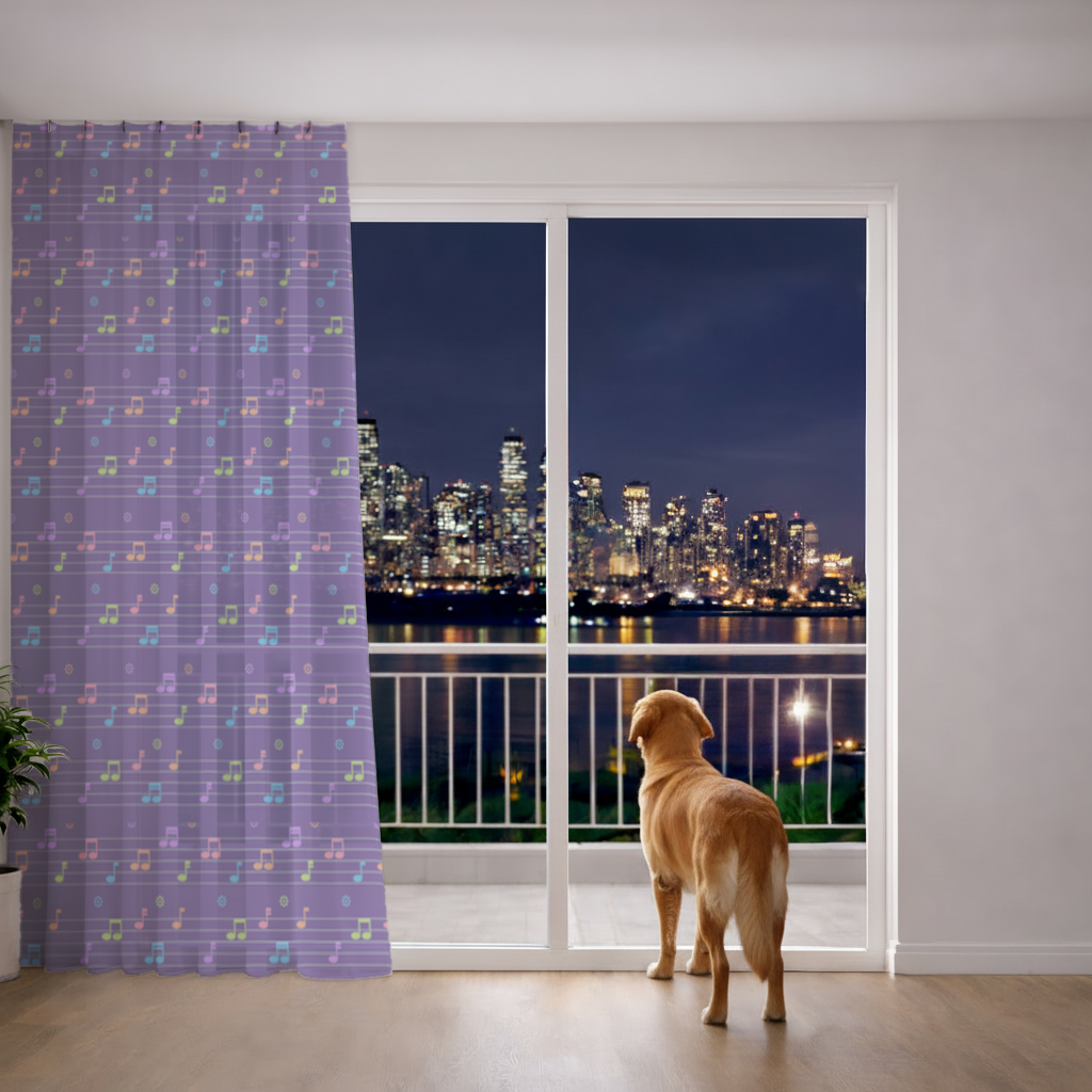 Renkli Müzik Notaları ve Modern Geometrik Desen Tül Perde