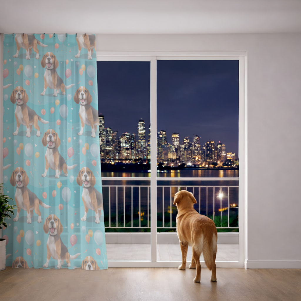Cute Beagle Dog and Colorful Balloons Seamless Pattern Sheer Curtain