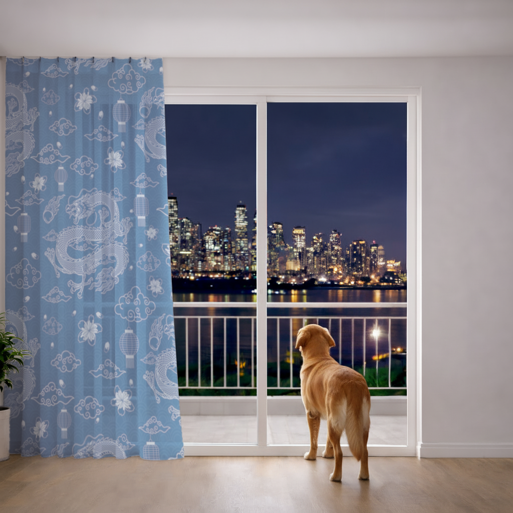 Mavi Zemin Üzerinde Geleneksel Ejderha Deseni Tül Perde