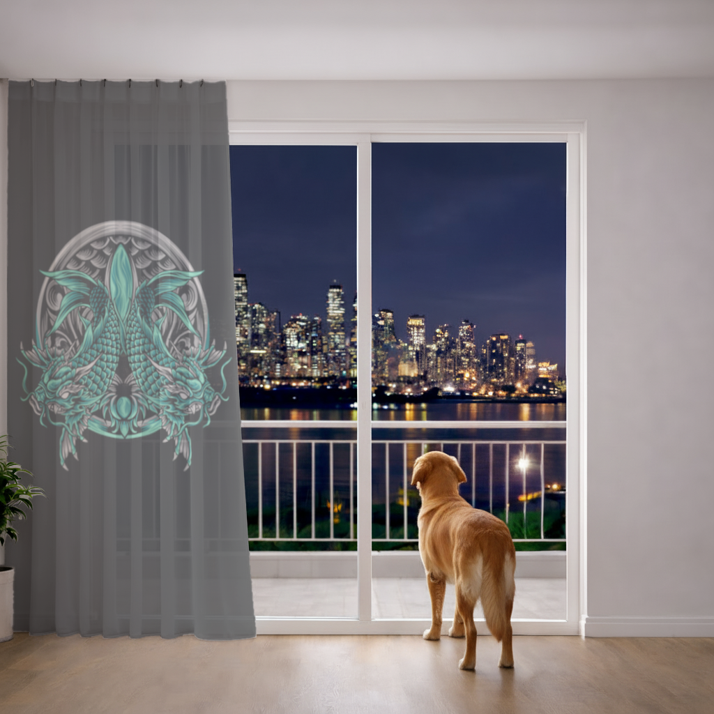 Turkuaz Çift Ejderha Amblem Tasarımı Tül Perde