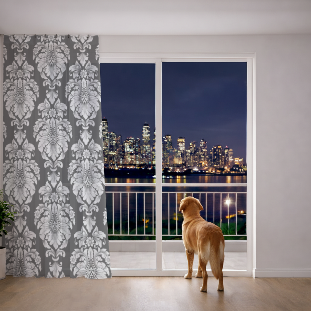 Black and White Baroque Floral Pattern Sheer Curtain