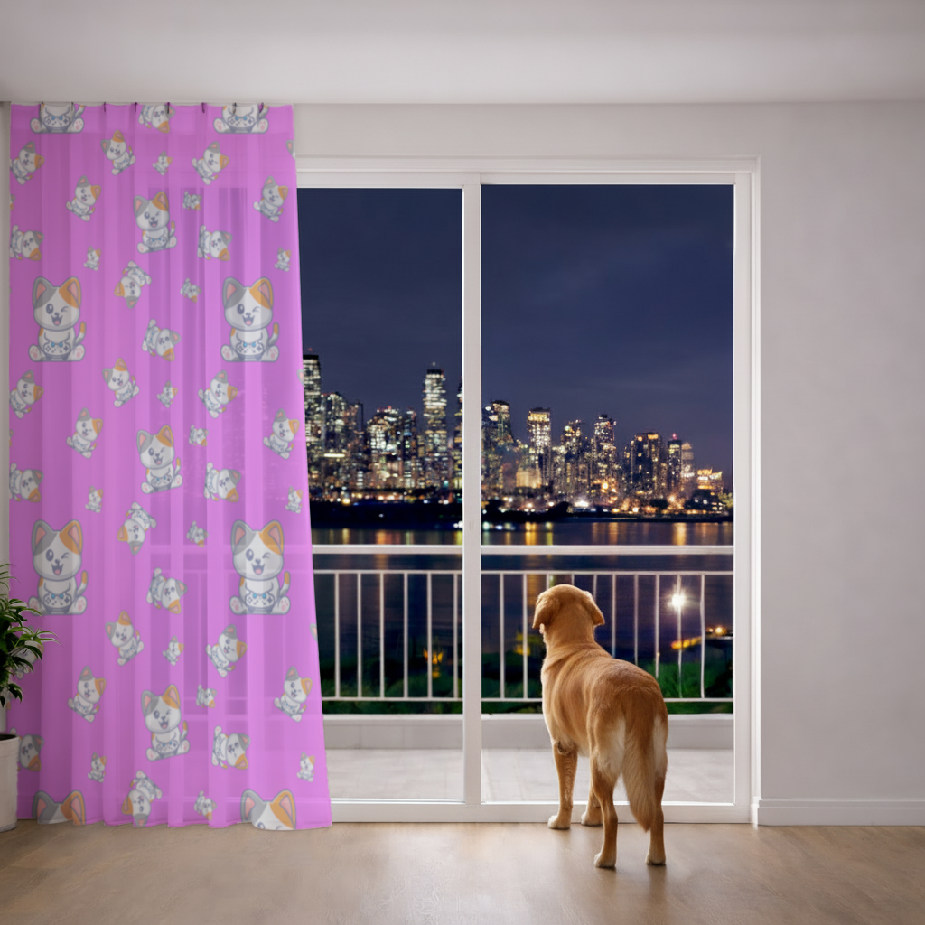 Cute Cartoon Cat Pattern on Pink Background Sheer Curtain