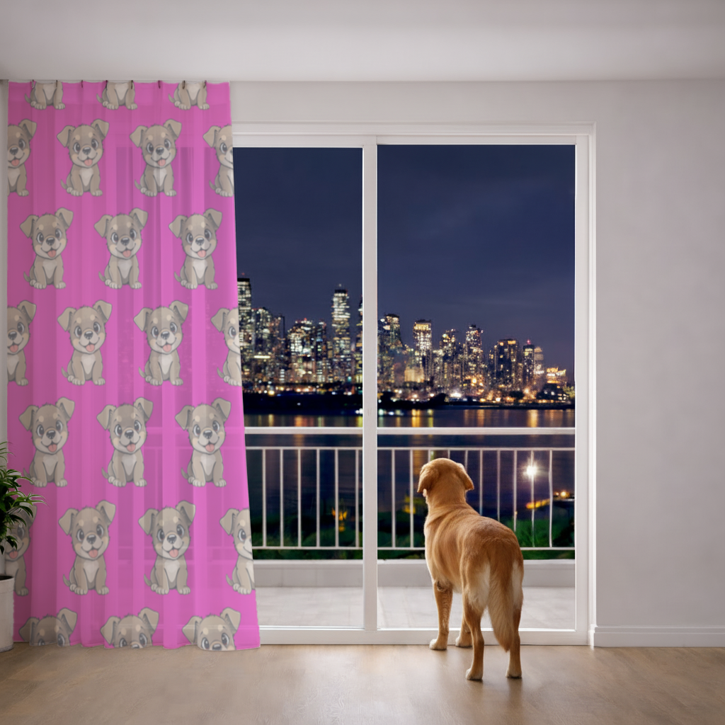 Cute Dog Illustration on Pink Background Sheer Curtain