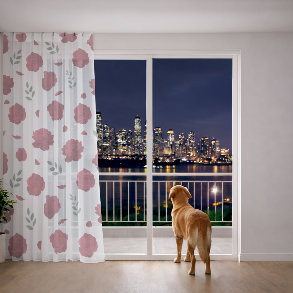 Red Rose and Leaf Romantic Seamless Pattern Sheer Curtain