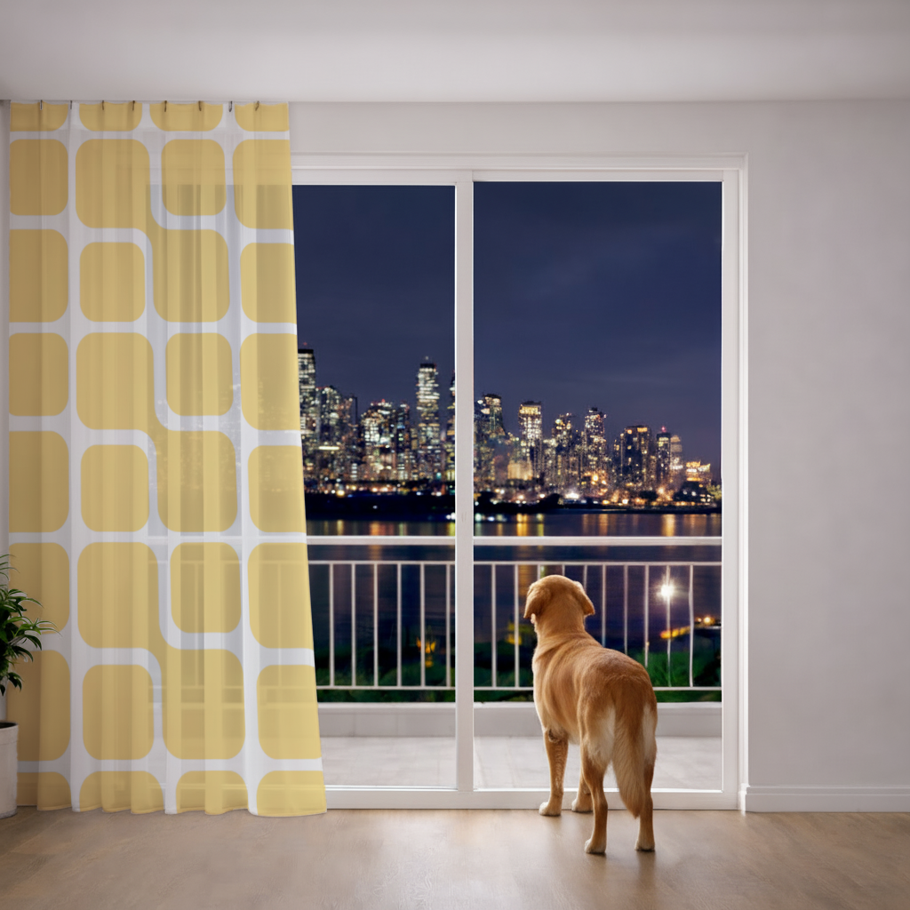 Yellow Geometric Labyrinth and Modern Abstract Pattern Sheer Curtain