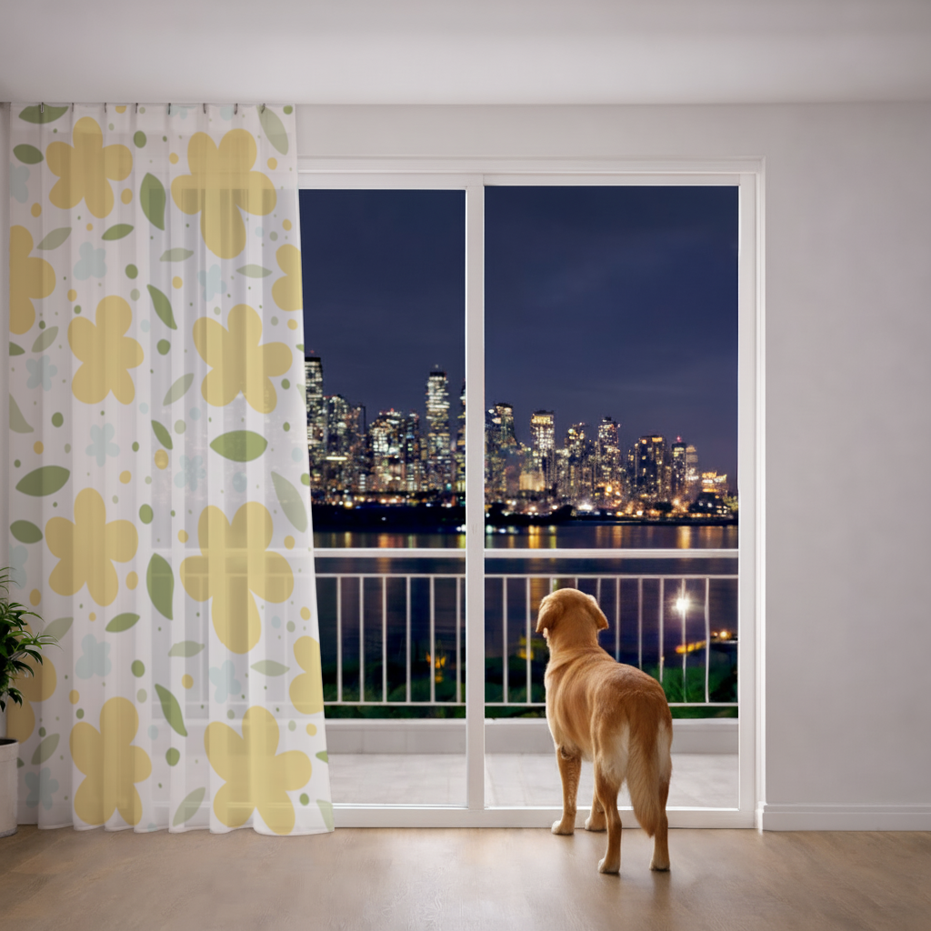 Yellow Floral and Leaf Boho Seamless Pattern Sheer Curtain