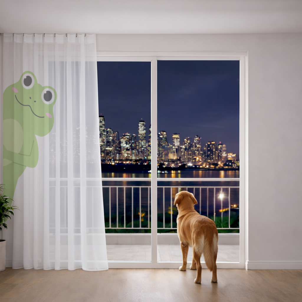 Cute Green Frog Peek-a-Boo Illustration Sheer Curtain