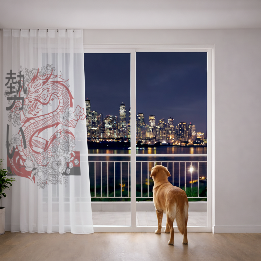 Japon Ejderhası ve Çiçek Deseni Tül Perde